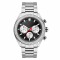 Stainless steel chronograph watch with black dial, silver subdials, and crystal-set bezel on stainless steel bracelet