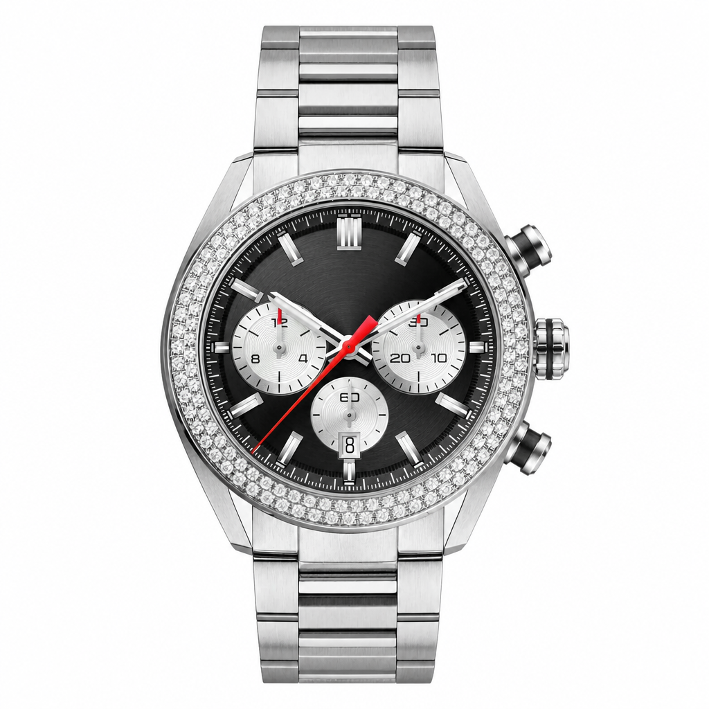 Stainless steel chronograph watch with black dial, silver subdials, and crystal-set bezel on stainless steel bracelet