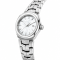 Silver metal dress watch with white dial and date display on white background