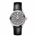 Classic watch with textured silver dial, rose gold crown, and black leather strap on white background