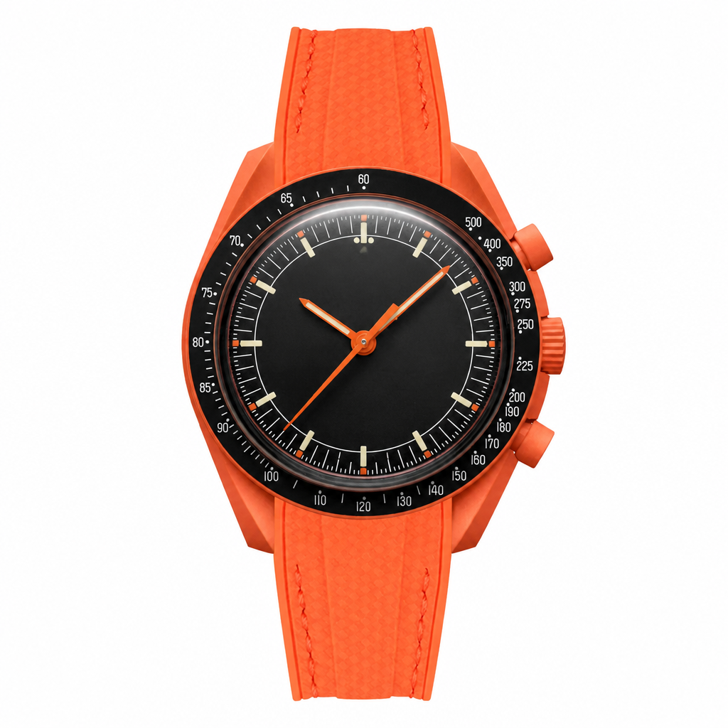 Orange sport chronograph watch with black dial and rubber strap