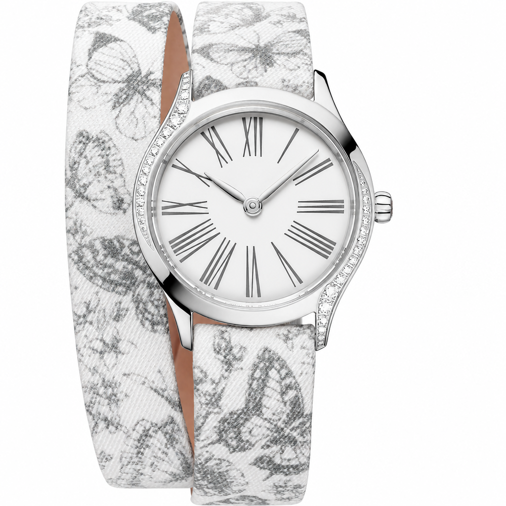 Silver-tone women's watch with white butterfly fabric strap and white dial with Roman numerals