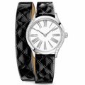 Women's dress watch with silver case, white dial, and black patent leather strap
