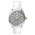 Dress watch with white leather strap and silver textured dial