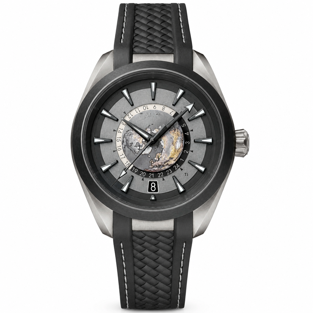 Black and gray dial watch with world map design and black rubber strap