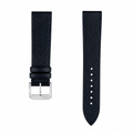 Black textured leather watch strap with silver buckle on white background