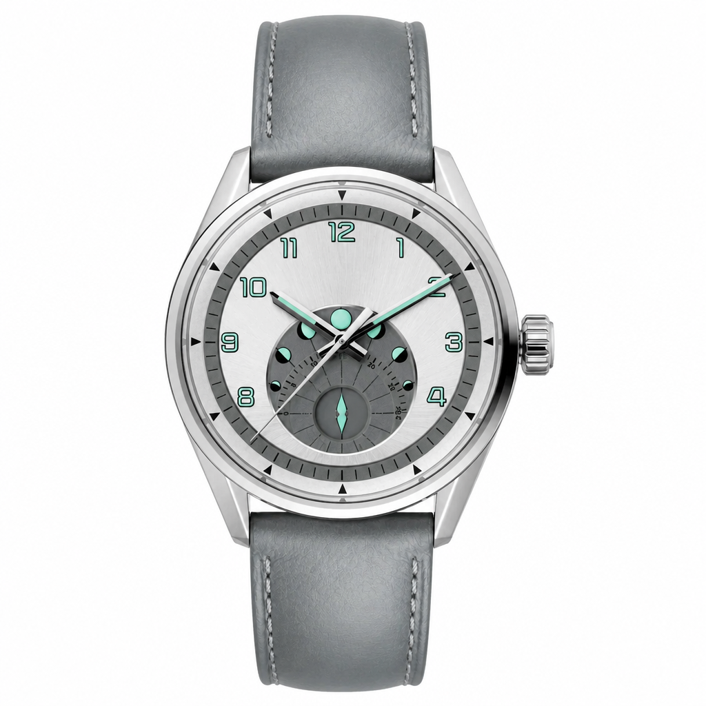 Silver dial watch with grey leather strap product photo