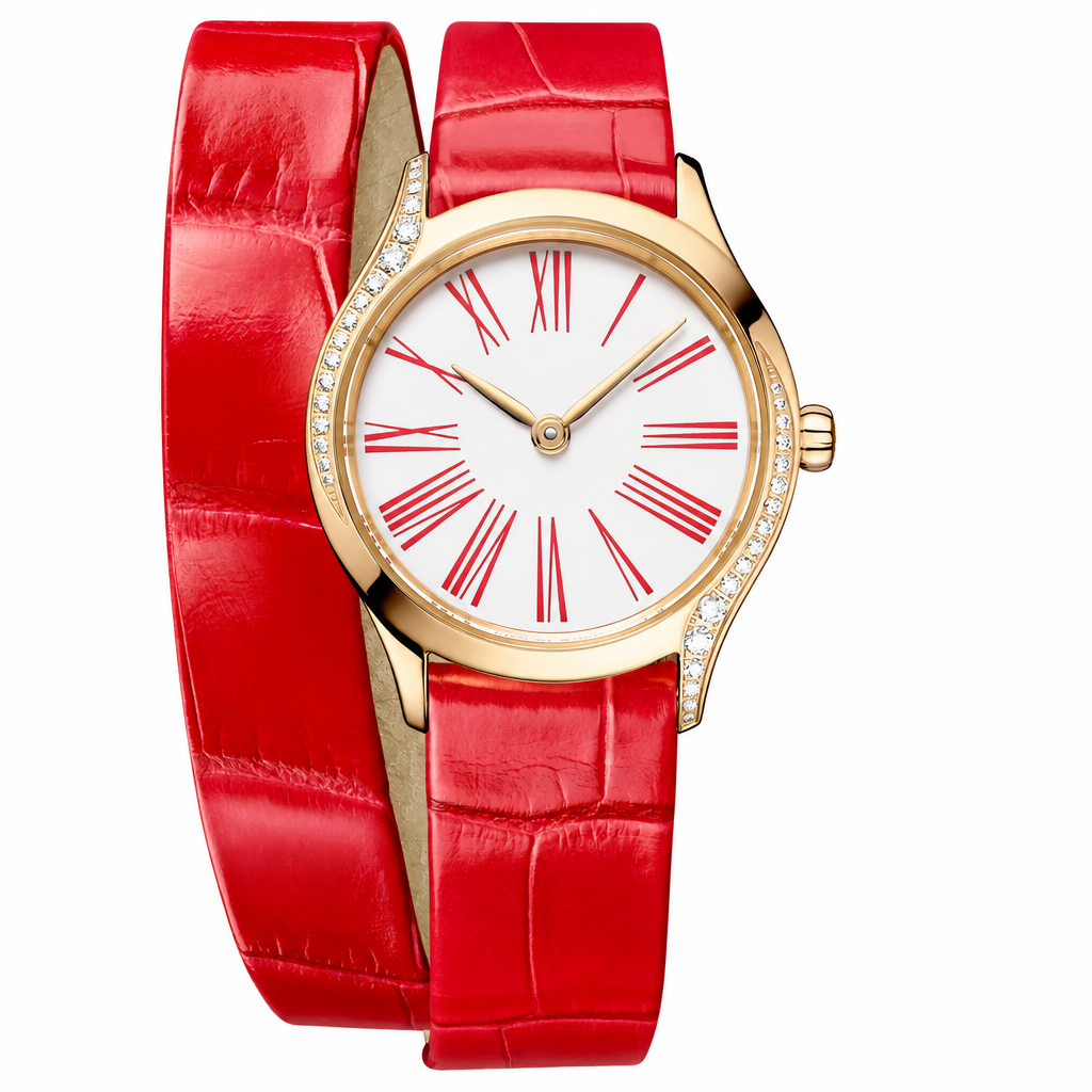 Women's dress watch with red leather wrap strap and rose gold-tone case