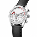 Chronograph watch with white dial, red accent details, silver stainless steel case, and black leather strap