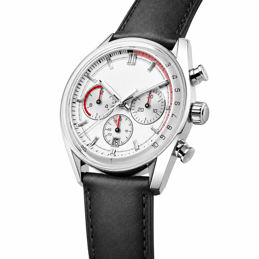 Chronograph watch with white dial, red accent details, silver stainless steel case, and black leather strap