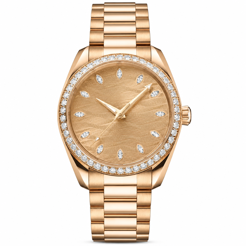 Luxury 38mm gold-tone dress watch with diamond-set bezel and markers on white background