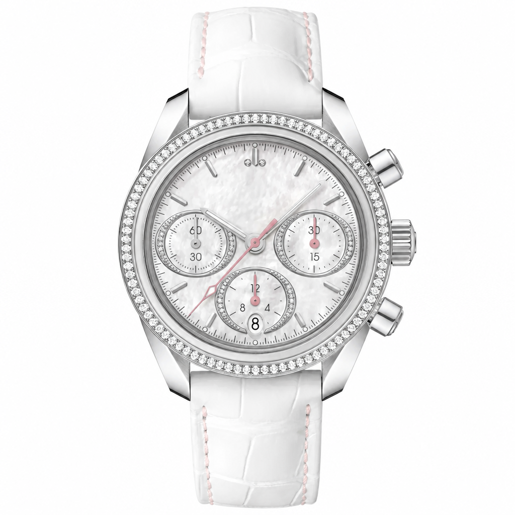 Women's dress chronograph watch with white mother-of-pearl dial, crystal bezel, and white leather strap