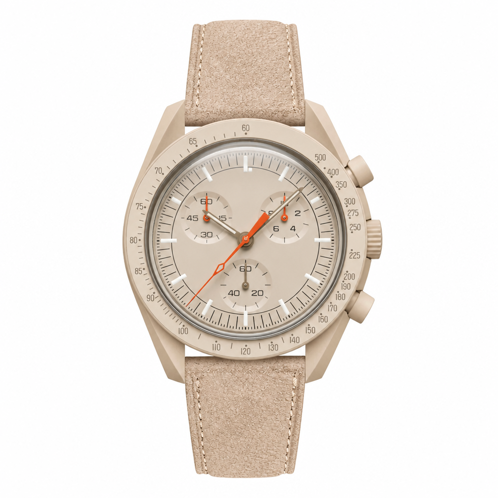 Beige chronograph watch with beige suede strap and case, front view