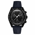 Chronograph watch with black dial and dark leather embossed strap