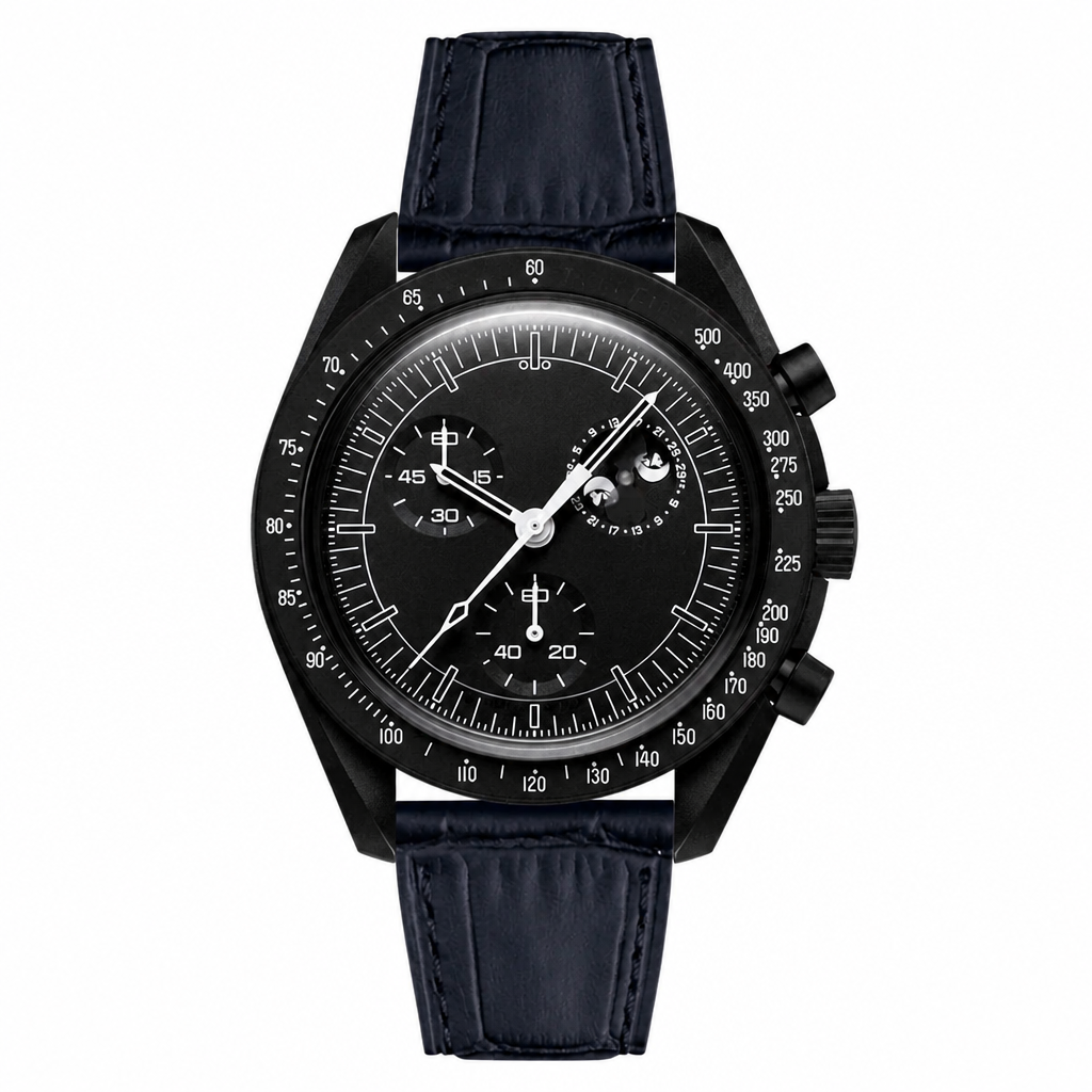 Chronograph watch with black dial and dark leather embossed strap