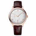 Classic dress watch with rose gold tone case and dark brown leather strap on white background