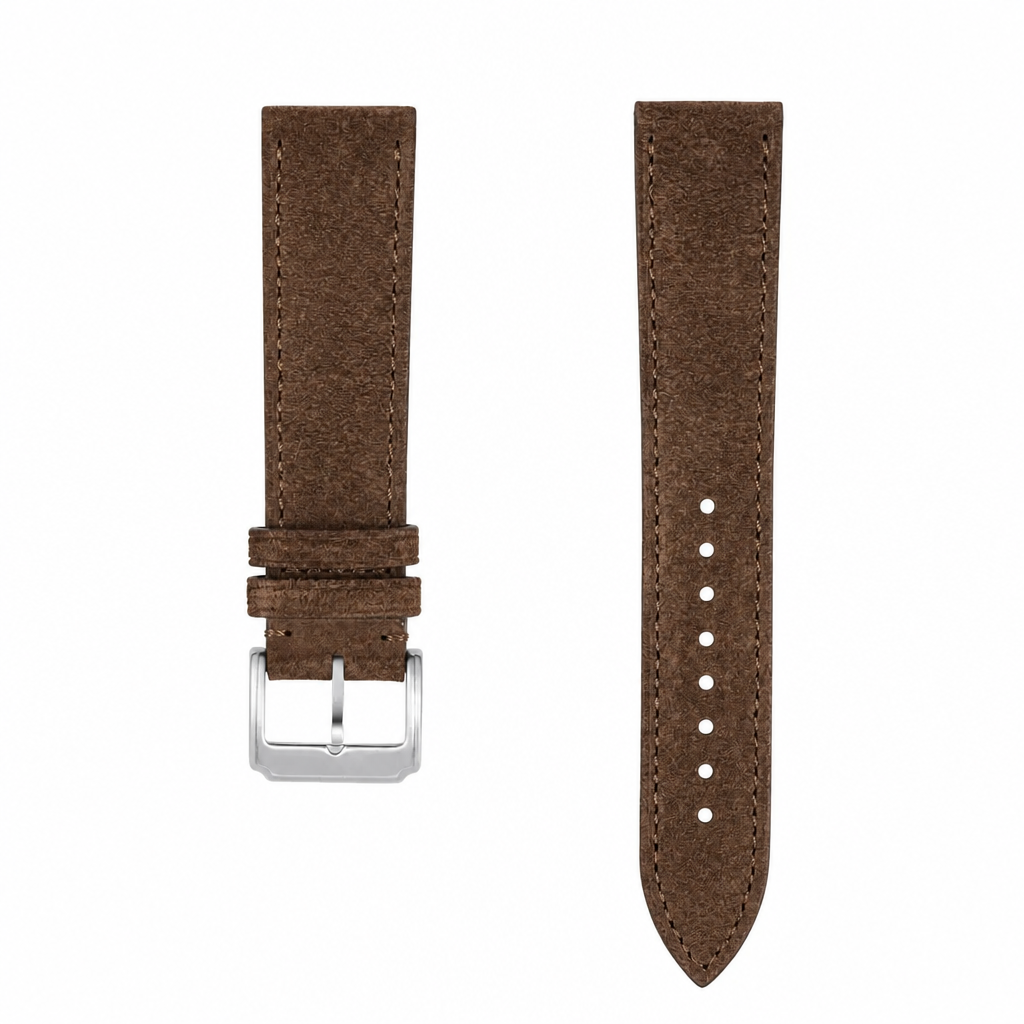 Brown suede leather watch strap with silver-tone buckle on white background