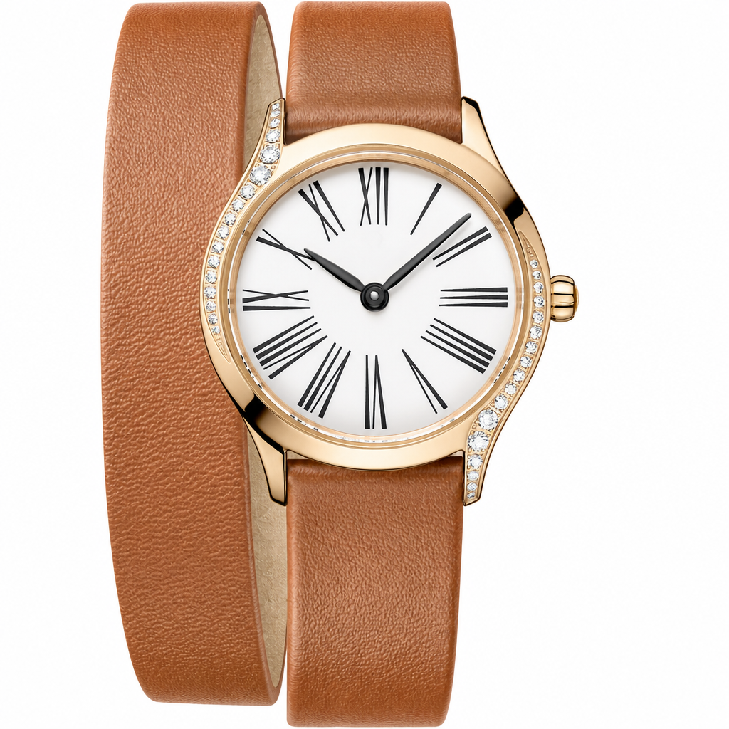 Women's dress watch with rose gold-tone case, white dial, Roman numerals, and brown leather wrap strap.