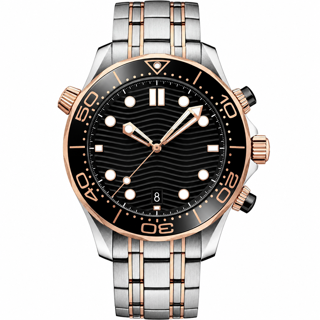 Two-tone diver chronograph watch with black dial and metal bracelet