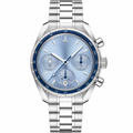 Chronograph watch with light blue dial and silver metal bracelet on white background