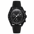 Black chronograph watch with black dial, multiple subdials, moon phase, and black textured leather strap on white background
