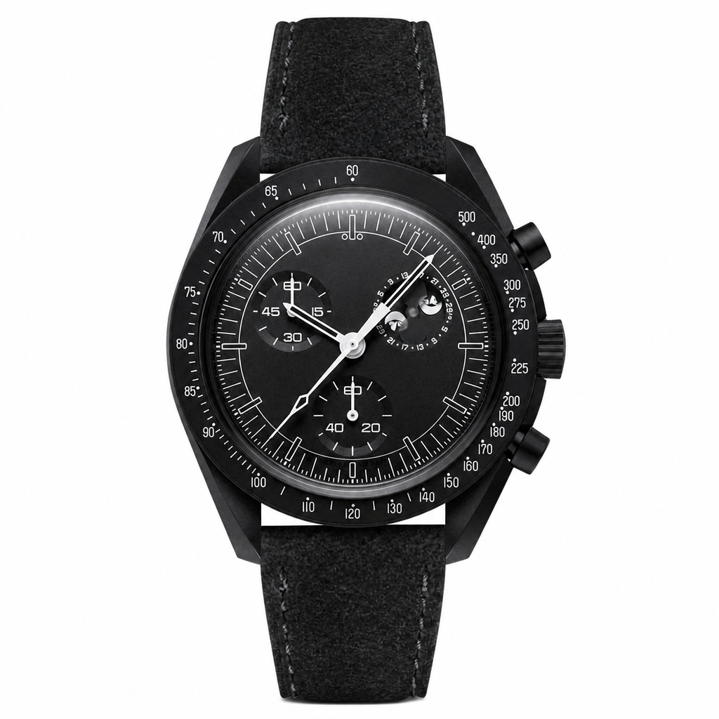 Black chronograph watch with black dial, multiple subdials, moon phase, and black textured leather strap on white background