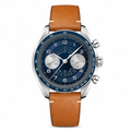 Dress watch with dark blue dial, polished steel case, and tan leather strap product photo