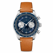 Relógio social com mostrador azul escuro e pulseira de couro bege, 43 mm