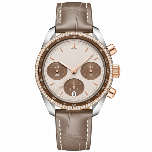 Chronograph watch with taupe dial, brown leather strap, and rose gold-tone accents