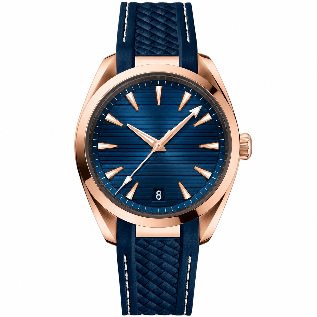 41mm sport-casual watch with blue dial, rose gold-tone case, and blue rubber strap with white stitching
