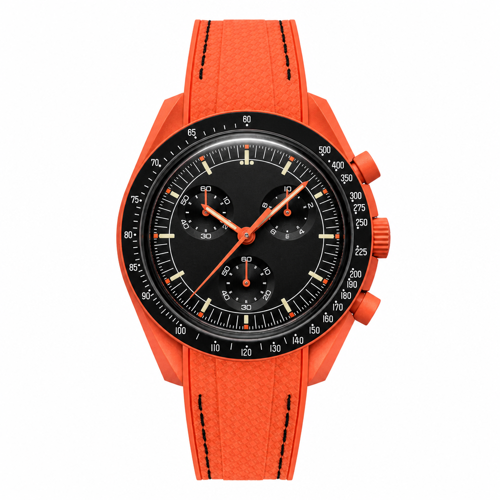 Sport chronograph watch with orange rubber strap and black dial product photo