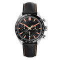 Sport chronograph watch with black dial and black leather strap on white background