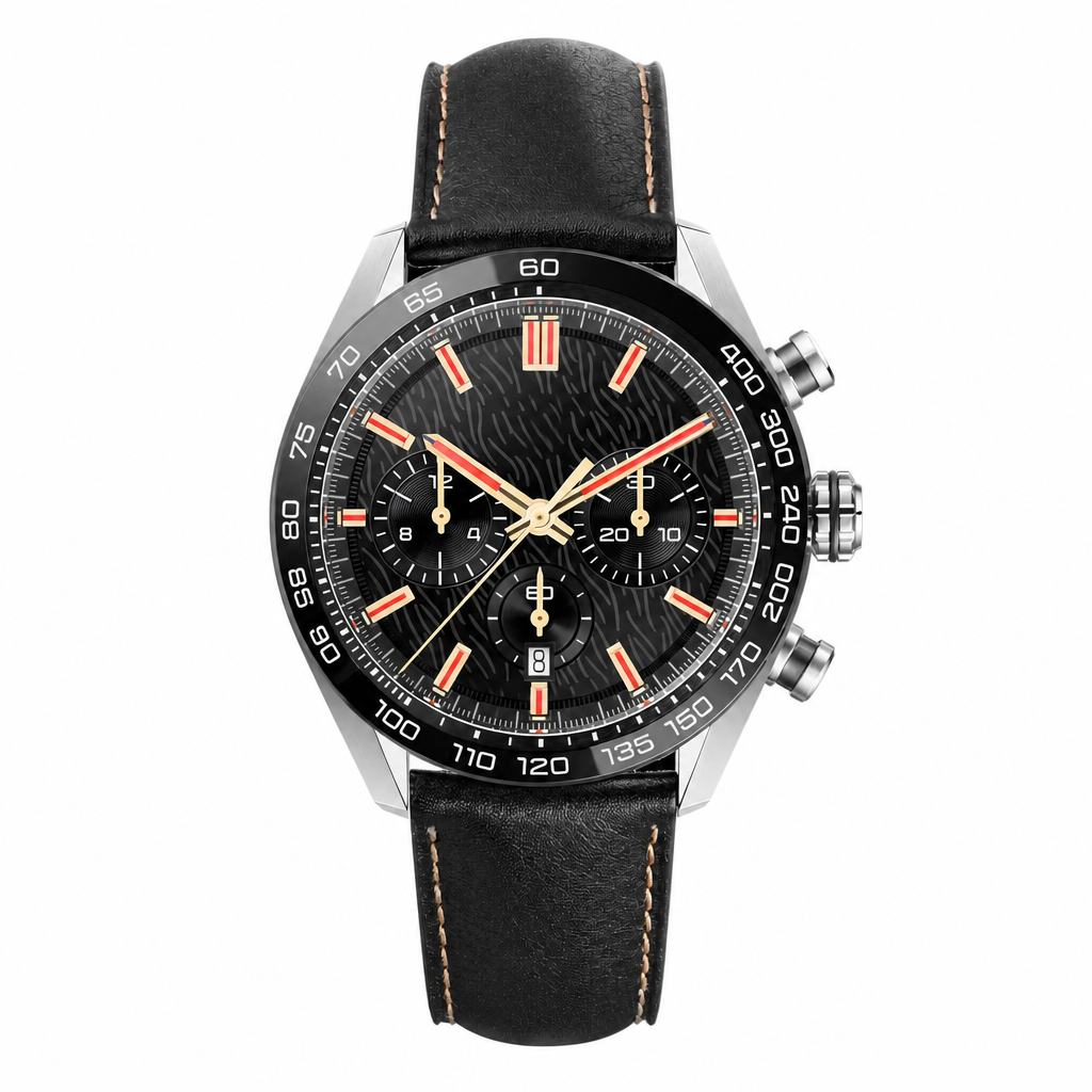 Sport chronograph watch with black dial and black leather strap on white background