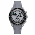 Gray sport-casual watch with moon phase dial and gray textured rubber strap on white background