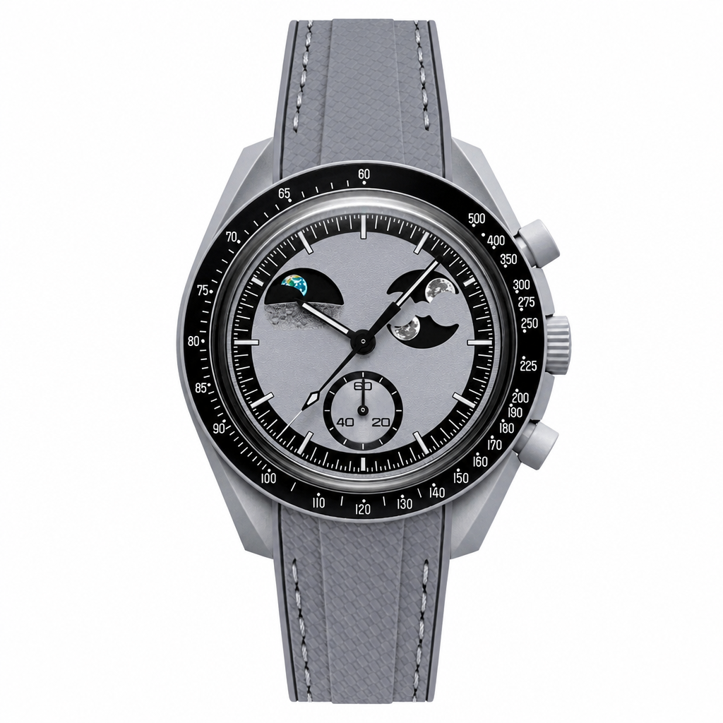 Gray sport-casual watch with moon phase dial and gray textured rubber strap on white background