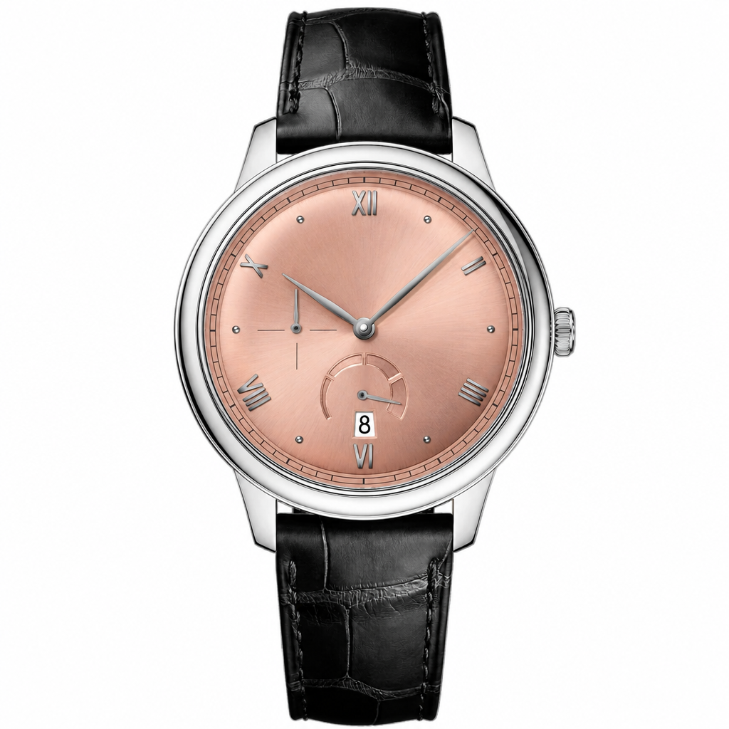 Dress watch with rose gold dial and black leather strap, 41mm case