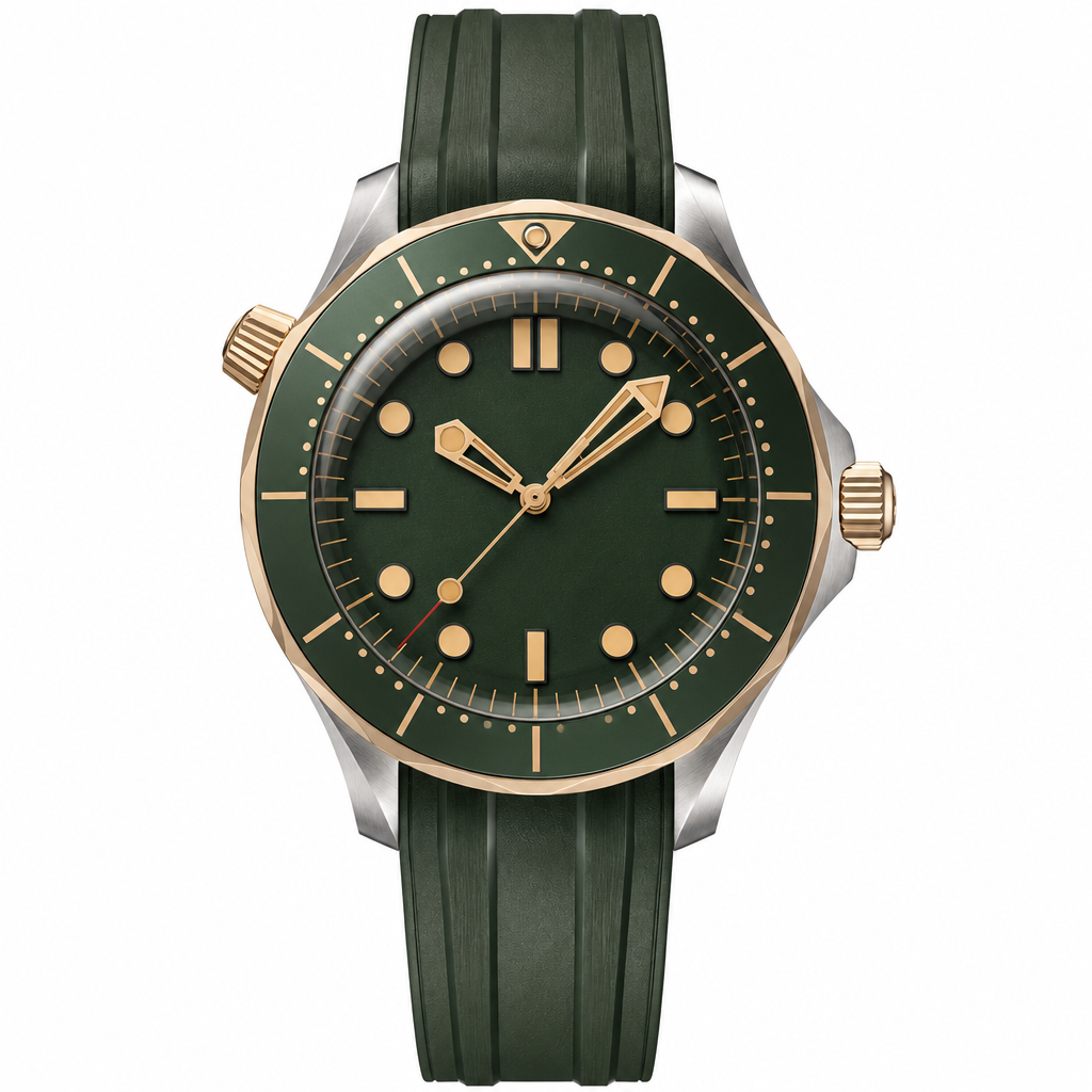Diver style watch with green dial and green rubber strap, 42mm case