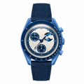 Blue chronograph watch with moonphase and blue leather strap on white background
