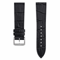 Black embossed leather watch strap with silver buckle on white background