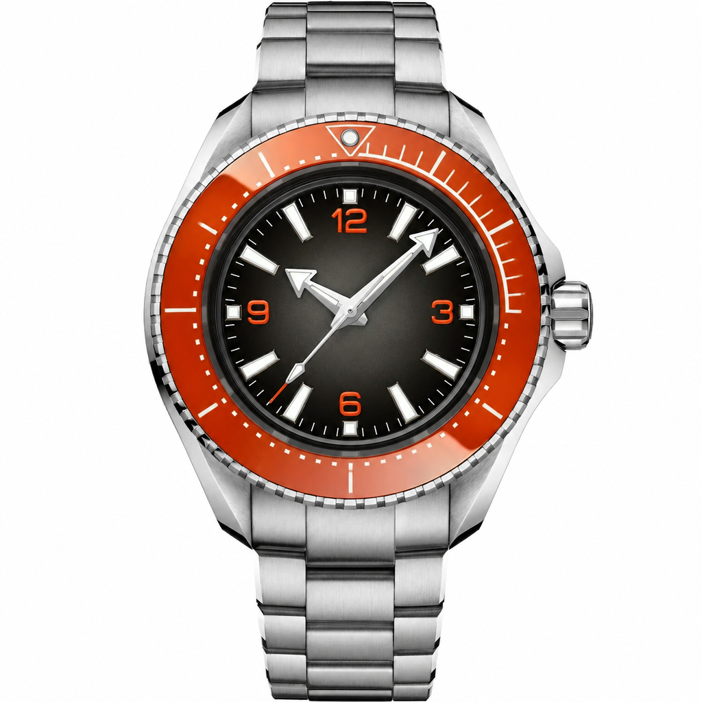 Stainless steel diver watch with orange bezel and dark dial 45.5mm
