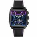 Modern sport square chronograph watch with black textile strap and blue-purple detailed dial
