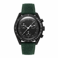 Chronograph watch with black dial and dark green suede strap on white background