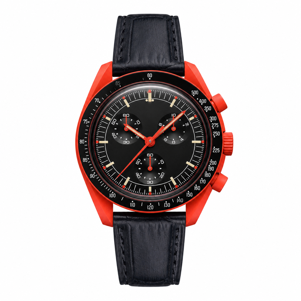 Chronograph watch with red case, black dial, and black leather strap
