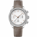 38mm dress watch with silver gemstone bezel, white dial, and gray leather strap