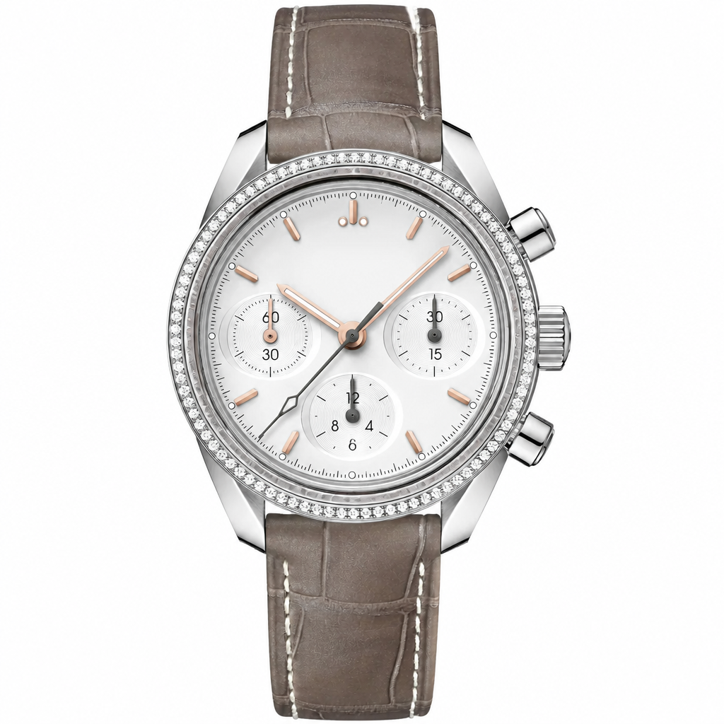 38mm dress watch with silver gemstone bezel, white dial, and gray leather strap