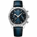 Chronograph watch with blue dial, stainless steel case, and blue leather strap