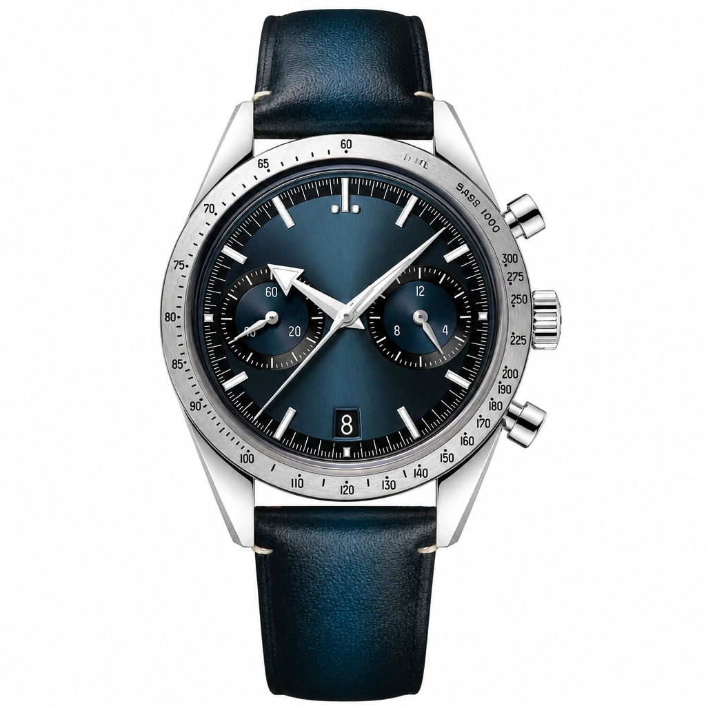 Chronograph watch with blue dial, stainless steel case, and blue leather strap