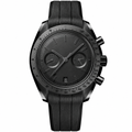 Black chronograph sport watch with black coated case and black rubber strap on white background