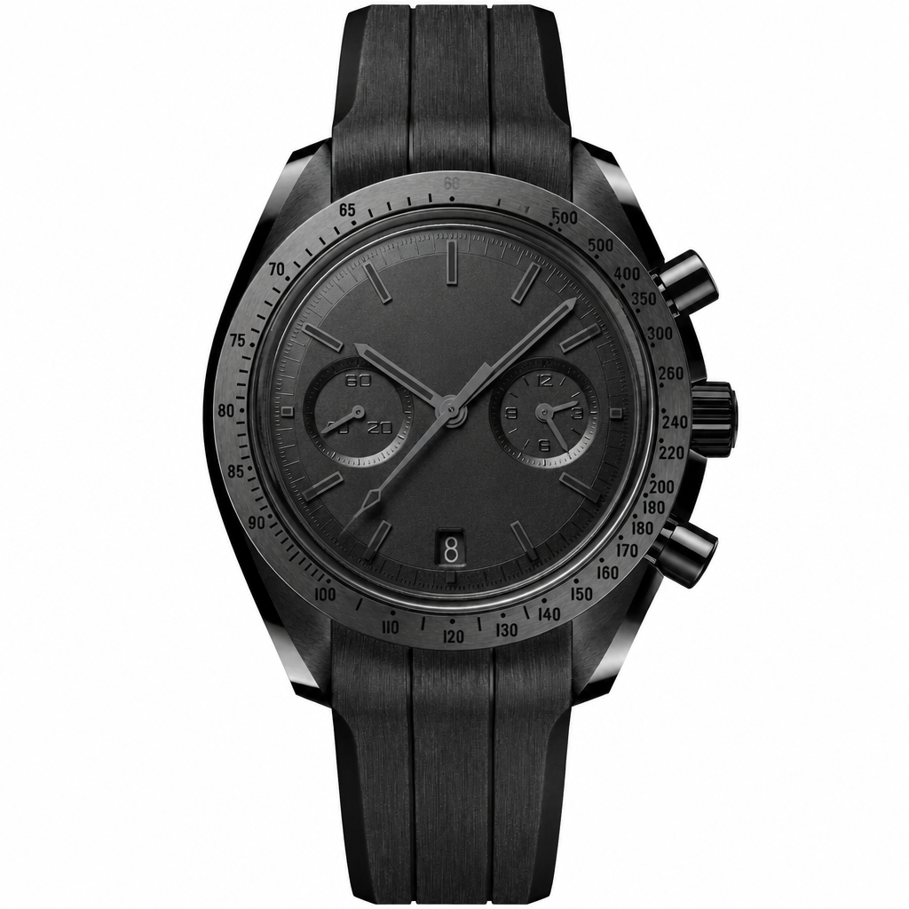 Black chronograph sport watch with black coated case and black rubber strap on white background