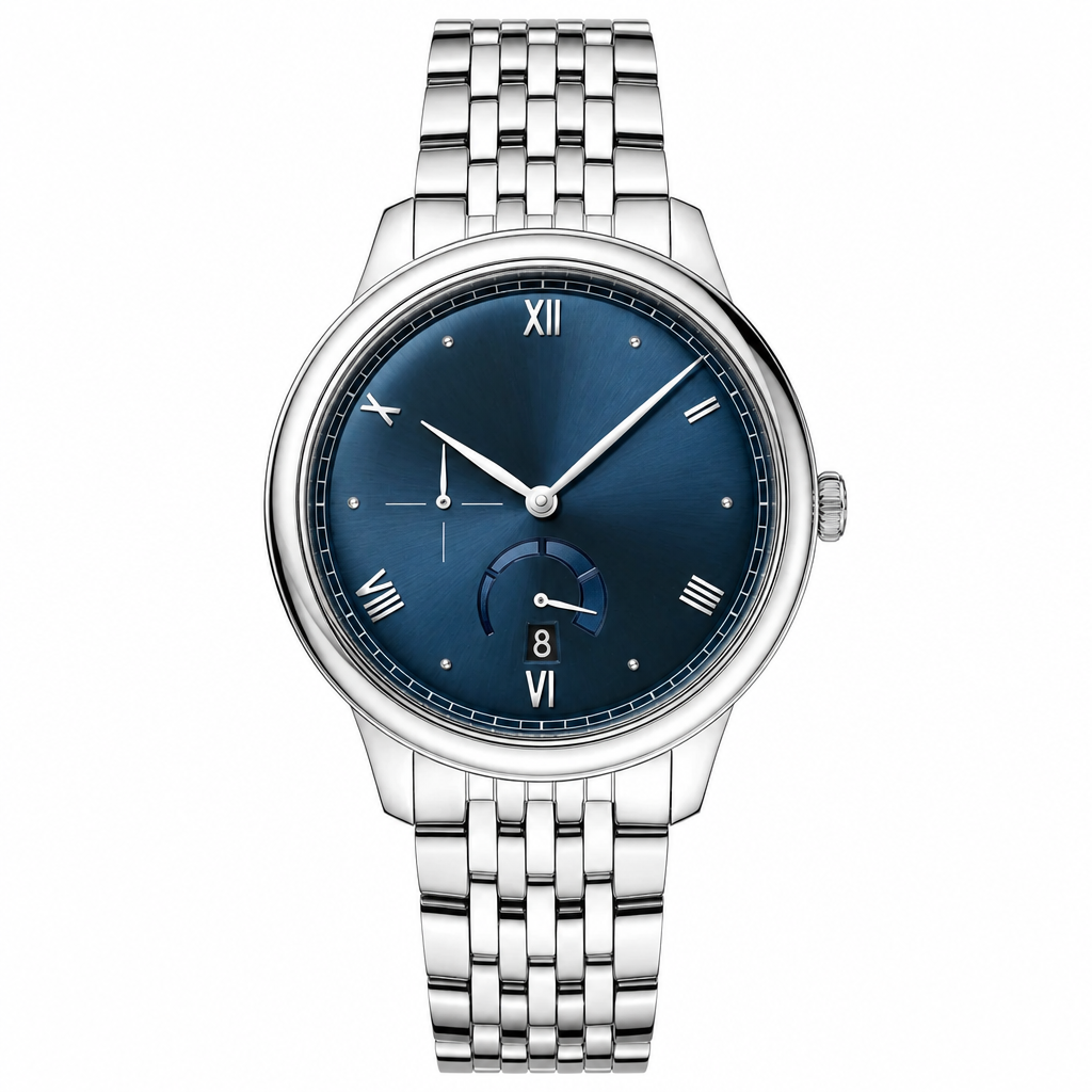 Dress watch with blue dial and stainless steel bracelet, 41mm case